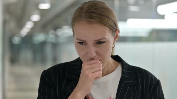 Sick Young Businesswoman Coughing Throat Pain