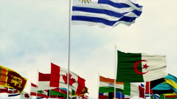 Uruguay Flag With World Globe Flags Morning Shot