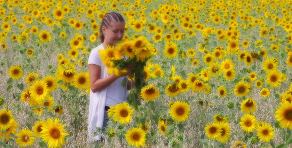 Woman with bunch of sunflowers
