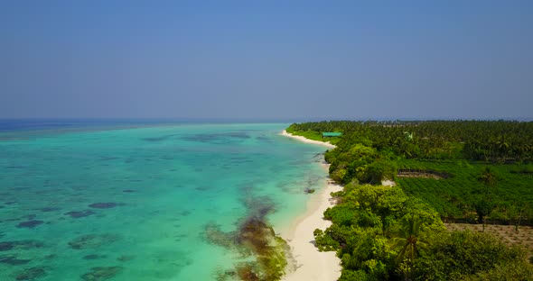 Beautiful flying abstract view of a paradise sunny white sand beach and blue ocean background in col