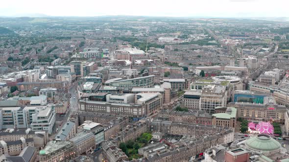 Drone shot towards Fountainbridge Lochrin south Edinburgh