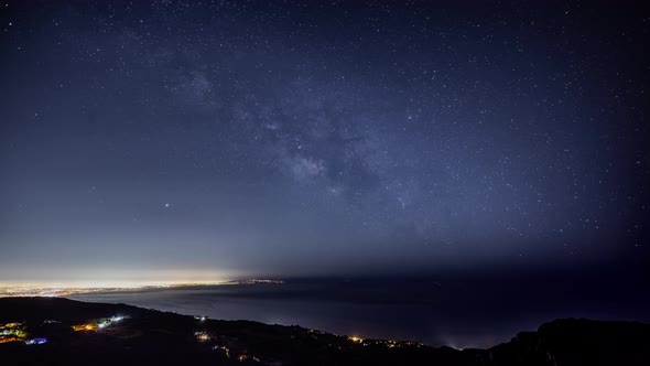 Time Lapse of the night sky and the Milky Way rising over the lights of Los Angles