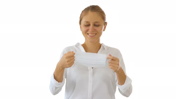 Woman Wearing Face Protection in Prevention for Coronavirus Covid 19 on White Background.