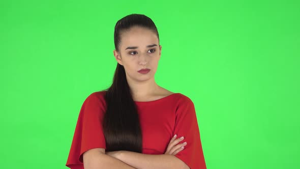 Portrait of Pretty Young Woman Is Very Offended and Looking Away. Green Screen
