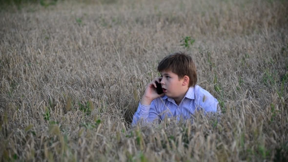 Teenage Boy Uses a Smartphone In Meadow