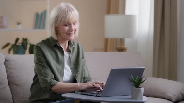 Old Female Sit on Couch at Home Office Engaged at Freelance Work with Laptop Elderly Senior Lady