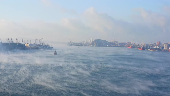 The Surface of the Sea in the Golden Horn Gulf Soars on a Very Cold Winter Day