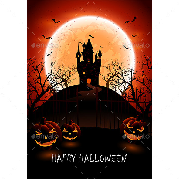 Halloween Background with Castle and Pumpkins