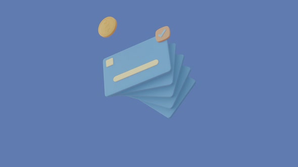 Credit card, flying and floating coins on a blue background. Blue bank card and checkbox check.