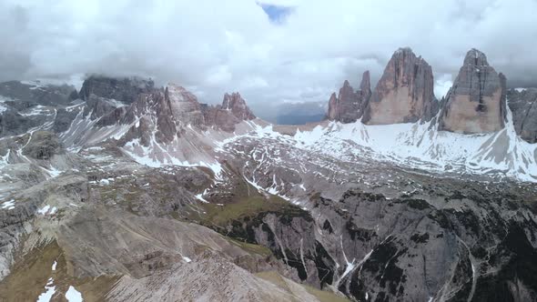 Aerial Flying Over Tre Cime di Lavaredo Mountain in Dolomites Alps Italy