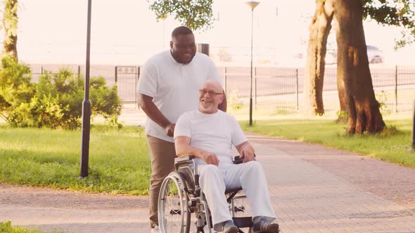 African-American caregiver and old disabled man in a wheelchair. Nurse and patient.