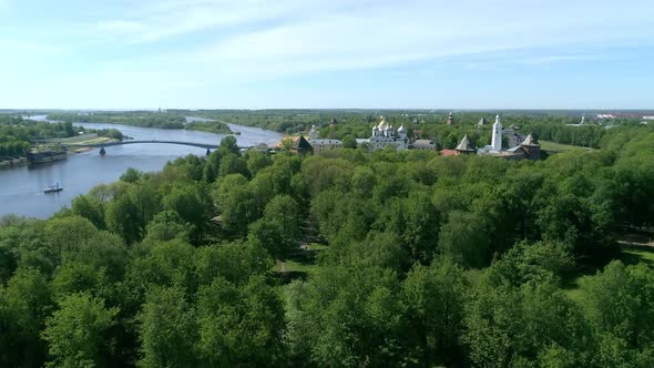 Panoramic aerial view of Veliky Novgorod, the red brick Kremlin