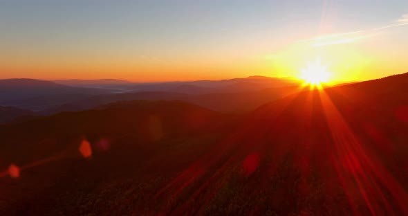 Panoramic Sunset View of Yellow Forest Mountains