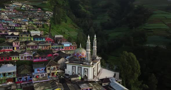 Known as Nepal van Java is located on the slope of Mount Sumbing. aerial drone view of Butuh Village