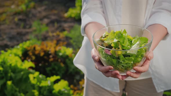 A Woman Holds a Bowl of Lettuce on the Background of Her Garden
