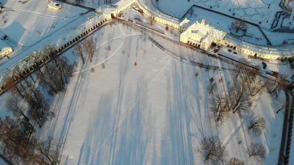Oranienbaum Lomonosov Royal Residence with Park at Sunny Snowy Winter Day