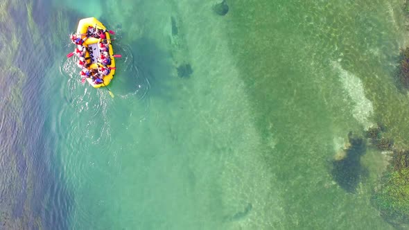 View from above of rafters with full gear on Una river in Bosnia