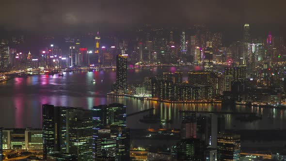 Cityscape Buildings Illumination Reflected in Hong Kong Bay