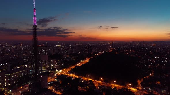 Sunset downtown Sao Paulo Brazil. Downtown district at sunset scenery.