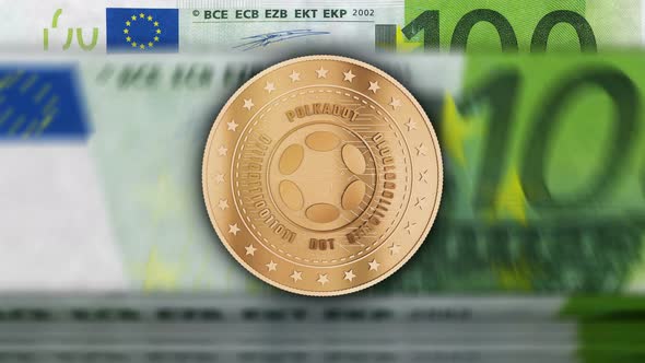 Polkadot cryptocurrency golden coins over Euro banknotes loop