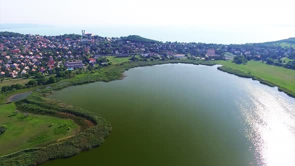 Aerial view over Belso lake and neighborhood houses in Tihany in summer. Hungary