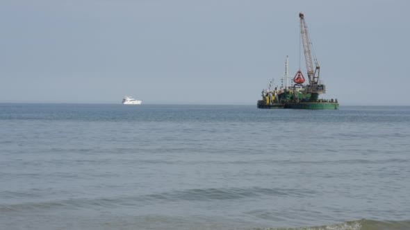 Barge At The Sea Large White Boat Float On The