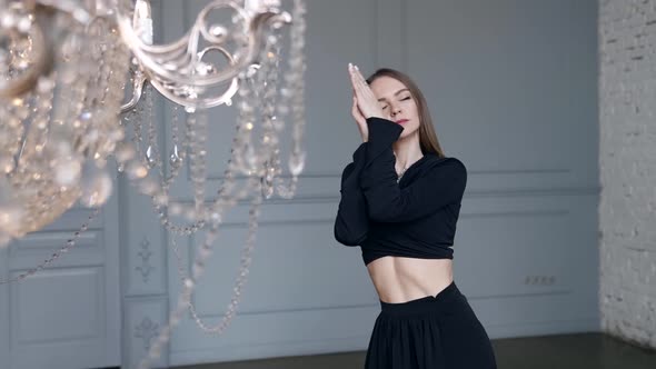 Lonely Woman is Posing in Room Mysterious and Dramatic Mood Young Beautiful Lady in Luxury Apartment