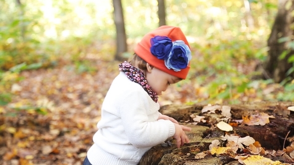 Cheerful Smiling Little Girl Among Autumn Maple