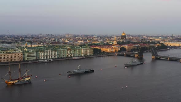 Aerial Landscape of a Replica of the Ancient Frigate Poltava and Modern Cruisers Before the Holiday