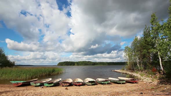 Landscape  Boats On Lake -