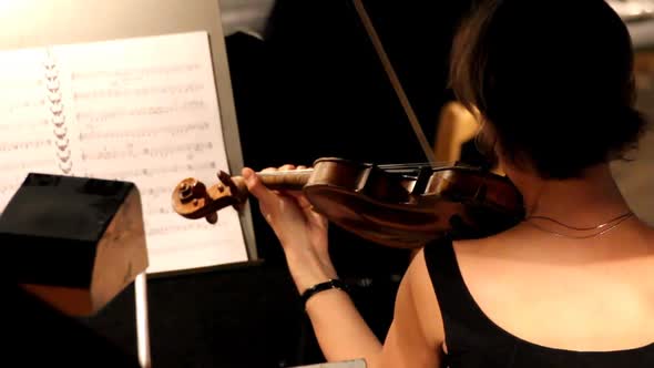 Woman From Behind Playing On Violin In Orchestra