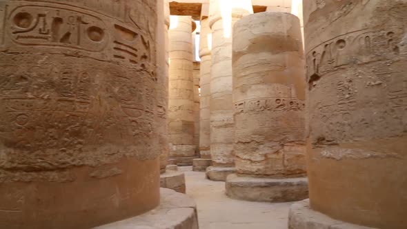 Columns In Karnak Temple  Ancient Egypt Hieroglyphics - Pan View