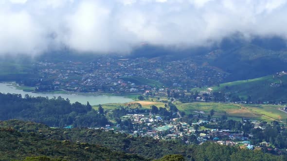 Aerial Pan View On Nuwara Eliya, Gregory Lake And Clouds Over - Sri Lanka,