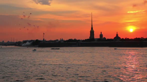 Firework At Sunset Over Peter And Paul Fortress In Saint-Petersburg Russia 1
