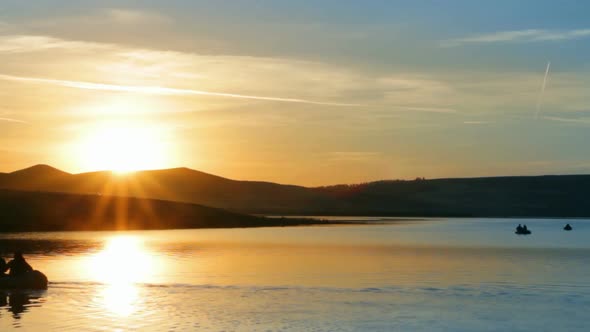 Fisherman Boats On Morning Lake  Mountain -