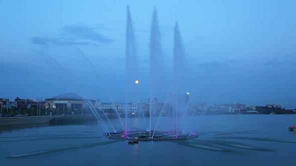 Fountain On The Lake Kaban At Night In Kazan, Tatarstan, Russia -