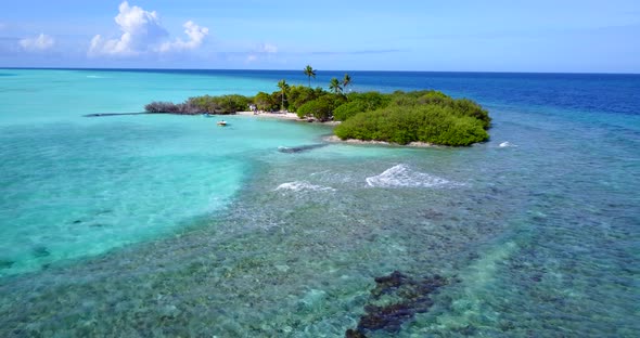 Wide flying copy space shot of a white paradise beach and turquoise sea background in vibrant 