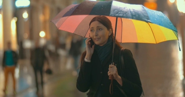 Brunette Woman Talks On The Phone On The Street alt