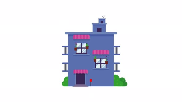 Animated house building with letter box and bushes.