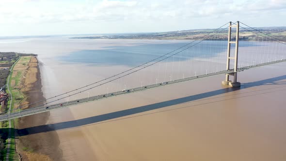 Aerial footage of The Humber Bridge, near Kingston upon Hull, East Riding of Yorkshire