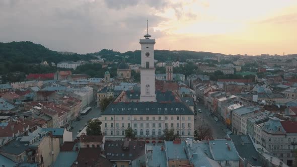 Aerial City Lviv, Ukraine. European City. Popular Areas of the City. Town Hall