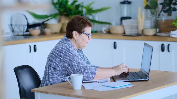 Senior Woman Using Laptop for Websurfing in Her Kitchen