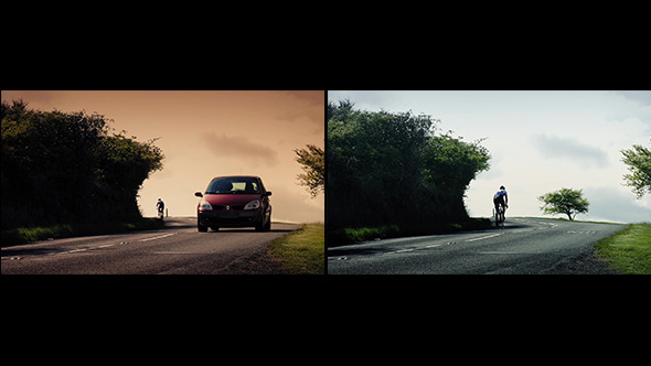 Cyclist Rides Up Hill At Sunset With Car Passing