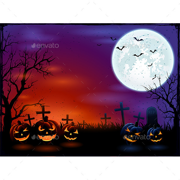 Halloween Background with Moon and Pumpkins