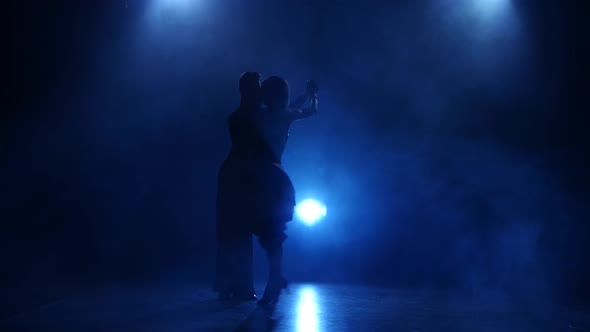 Silhouette of Pair Dancers Performing Samba Dance in Smoky Studio