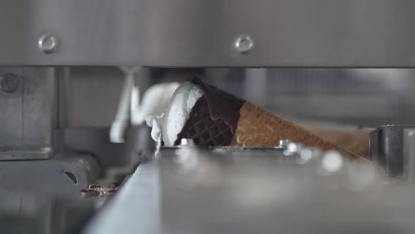 Ice Cream Production, Transportation Waffle-cone with Plombir Ice Cream on Conveyor, Production Line