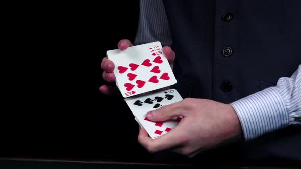 Croupier Shuffling the Cards, Shows One, Green Table, Slow Motion