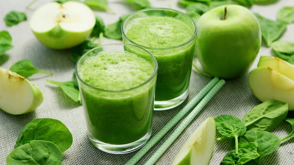 Green Smoothie in Glasses and Ingredients