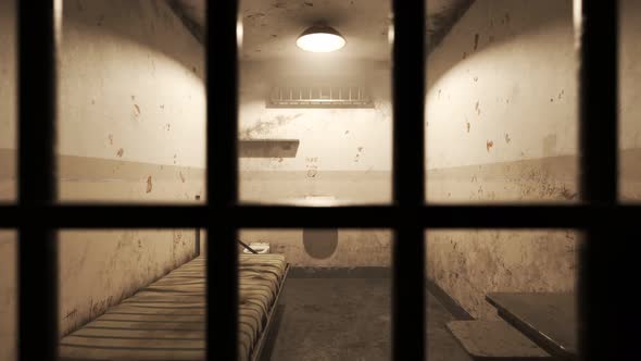 Old grunge dirty prison cell seen through jail bars. The dolly zoom effect.