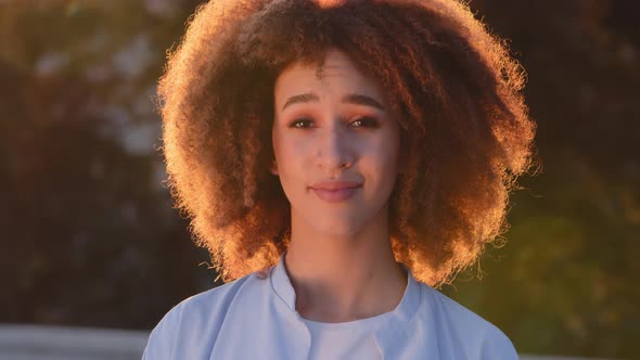 Female Portrait Outdoors Young Curly African American Woman Black Mixed Race Smiling Afro Girl Human